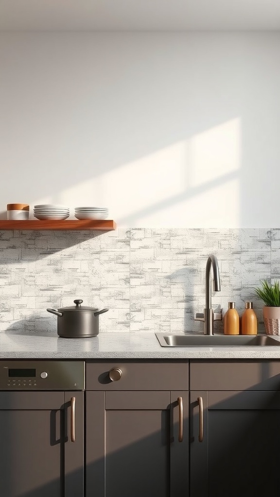 A modern kitchen featuring a textured tile backsplash, dark cabinetry, and a stylish sink.