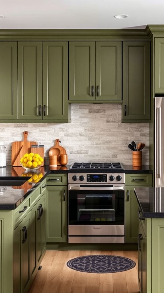 A modern kitchen featuring olive green cabinets, black countertops, and wooden accents.