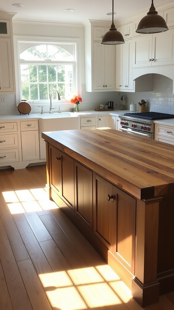 A spacious farmhouse kitchen with a butcher block island and light cabinets, filled with natural light.