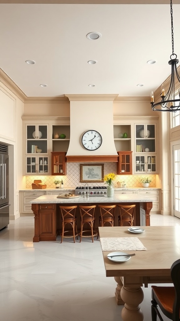 A large, multi-level kitchen island made of warm wood with a marble countertop, surrounded by stylish chairs and light cabinetry.