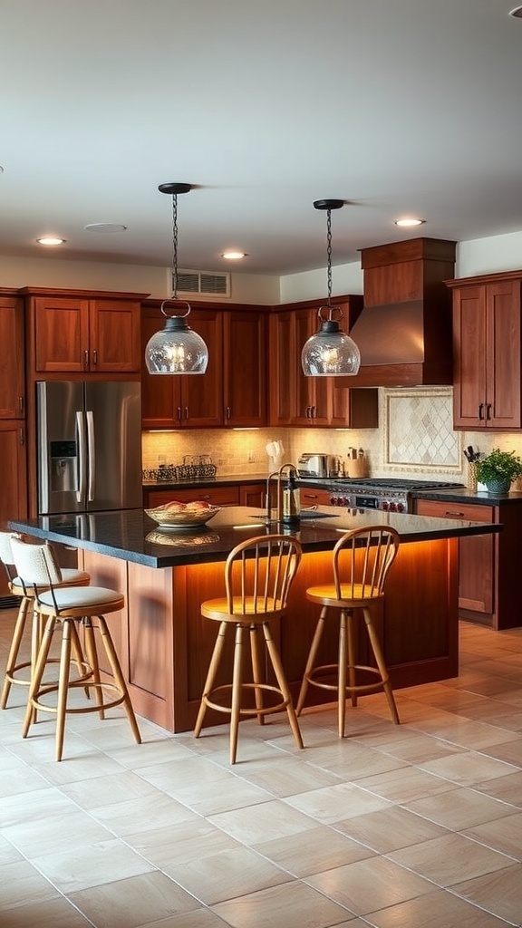 A cozy farmhouse kitchen featuring a central island with an overhang for seating, warm wooden cabinets, and stylish lighting.