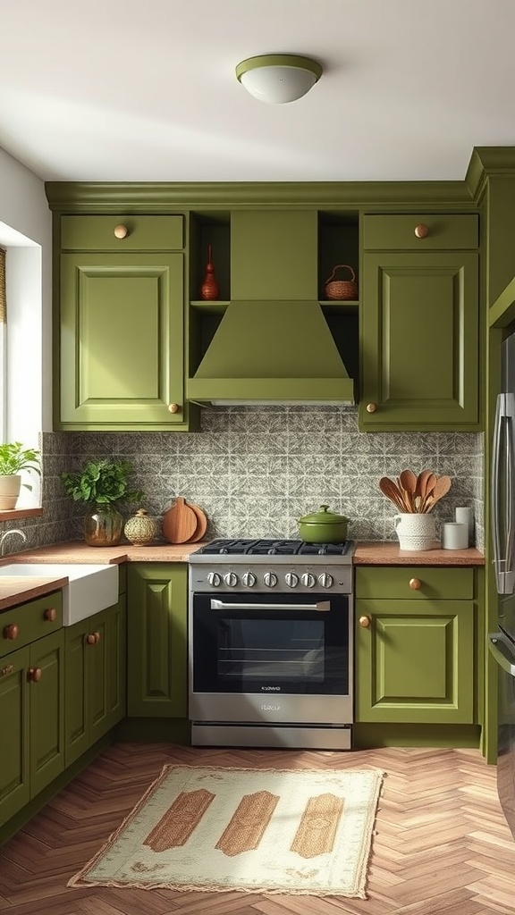 A cozy kitchen with olive green cabinets and black countertops, featuring wooden accents and natural decor.