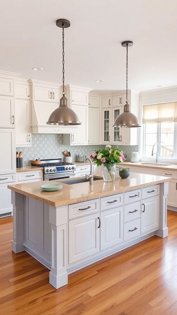 A two-tiered kitchen island in a modern farmhouse kitchen, featuring a light-colored design with wooden flooring and stylish pendant lights.