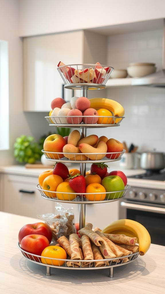 A tiered stand displaying various fruits like apples, bananas, and strawberries in a modern kitchen.