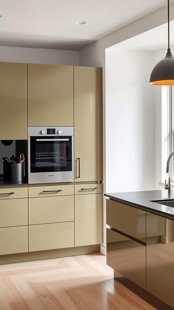 A modern kitchen featuring olive green cabinets and black countertops with stylish appliances.