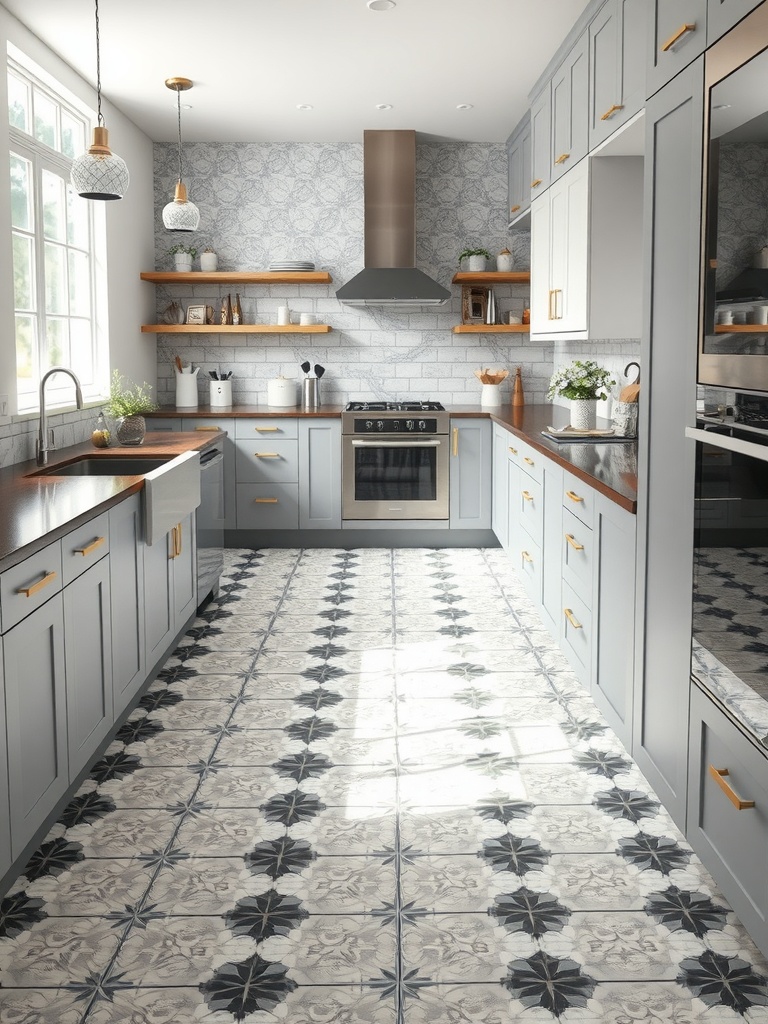 Modern kitchen with grey and white tile flooring, grey cabinets, and wooden accents