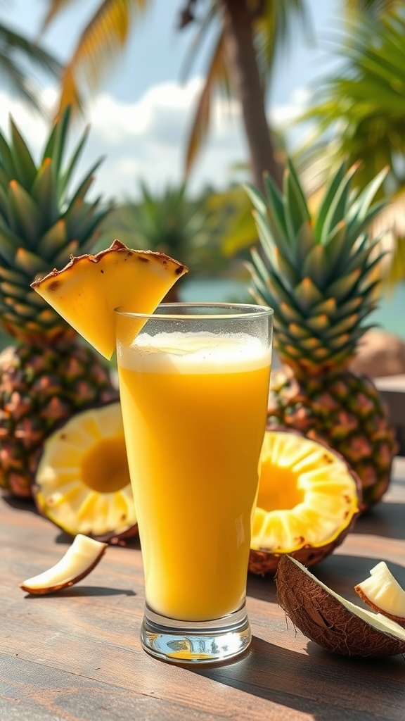 A refreshing glass of Tropical Pineapple Delight juice with pineapple slices in the background.