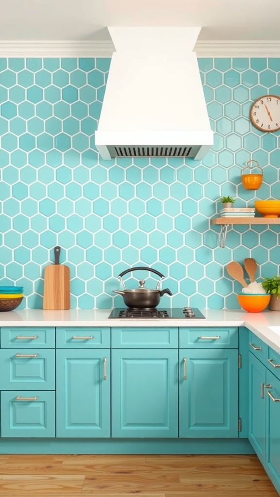 A kitchen with turquoise hexagon tiles on the backsplash, featuring light blue cabinetry and a modern stove.