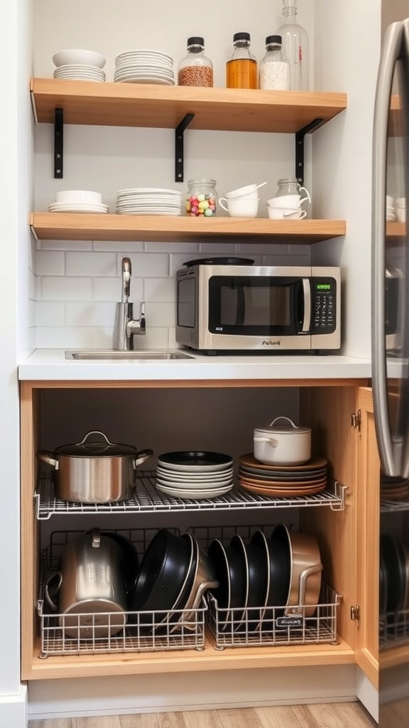 An organized kitchen with shelves of plates and pots, showcasing under-counter storage solutions.