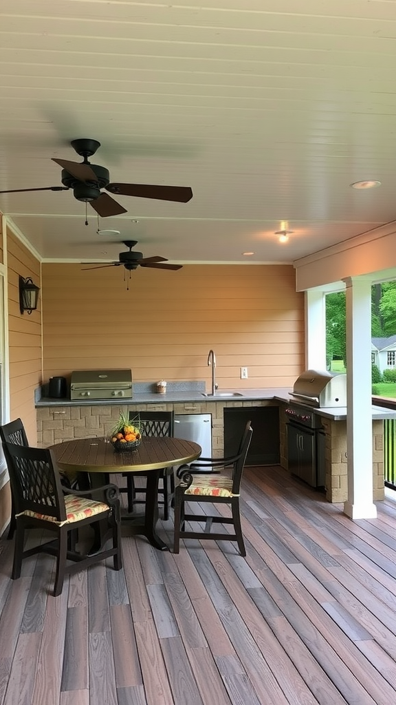 An inviting under-deck kitchen with wood cabinetry, modern grill, and a dining table set up in a lush outdoor environment.