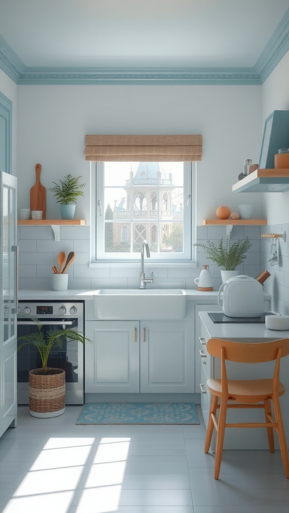 A bright kitchen featuring light blue cabinets, wooden accents, and natural light.