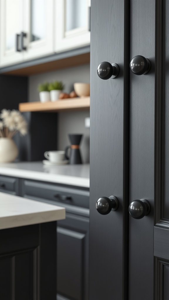 Close-up view of modern black cabinet hardware in a kitchen with black and white design.