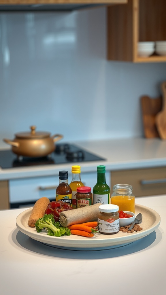 A lazy Susan with various kitchen ingredients and condiments on a countertop.