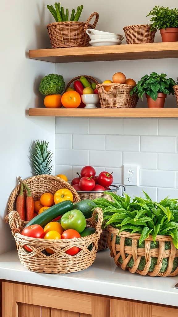 A small kitchen counter organized with baskets filled with fresh fruits and vegetables.