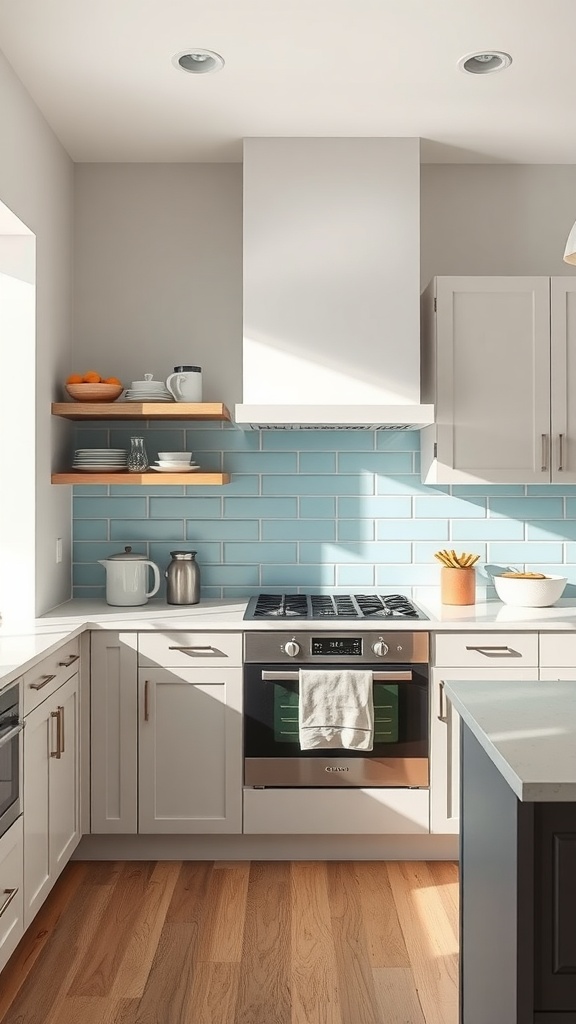 A modern kitchen featuring a light blue backsplash, white cabinets, and wooden flooring.