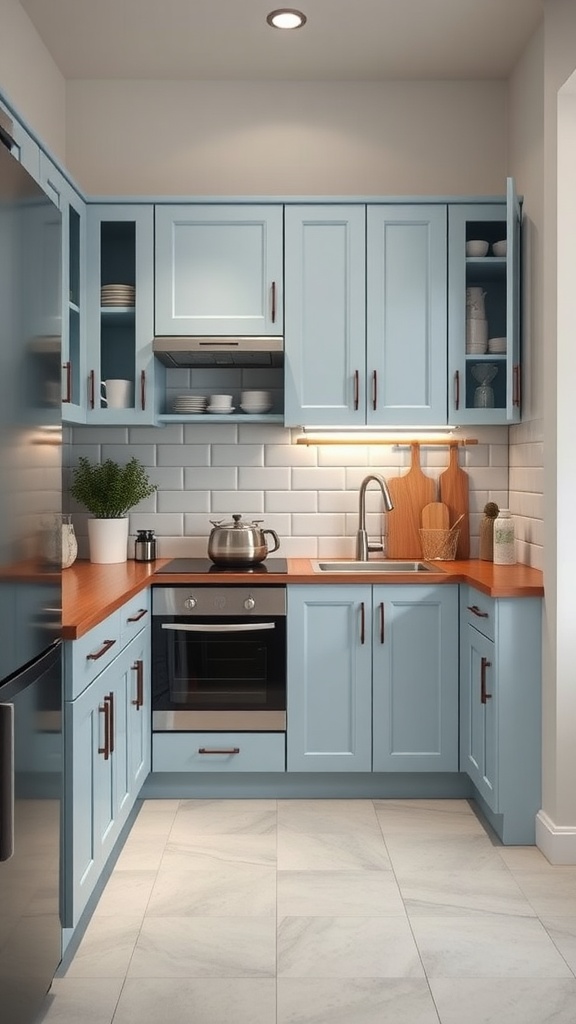 A small kitchen with light blue cabinets, wooden countertops, and white tile backsplash.