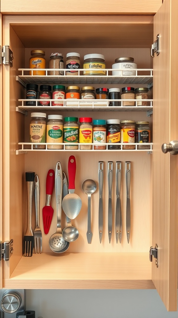 Organized kitchen cabinet showcasing spices and utensils on shelves and hooks inside the door.