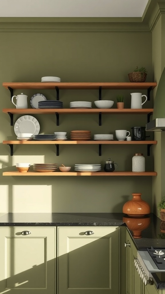 Open shelving in a kitchen with olive green cabinets and black countertops, displaying various dishes and decorative items.