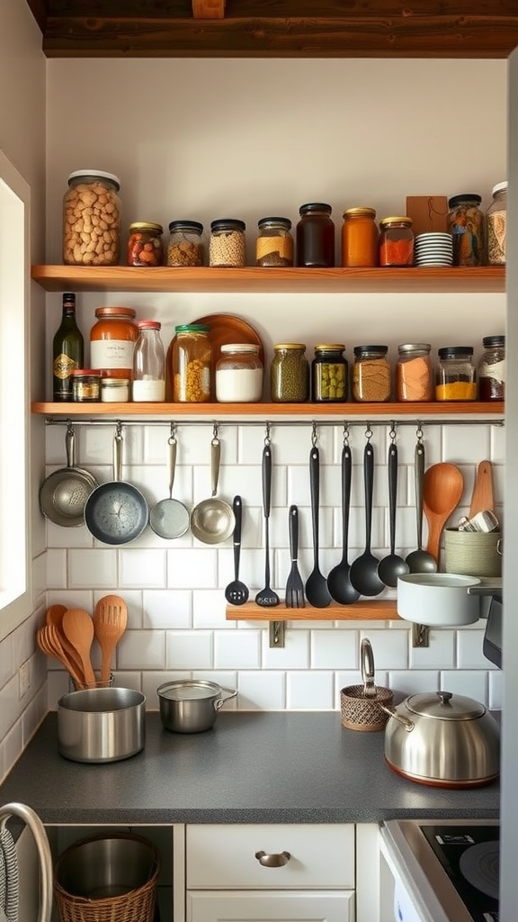 A small kitchen with shelves filled with jars and a hanging rod for utensils.