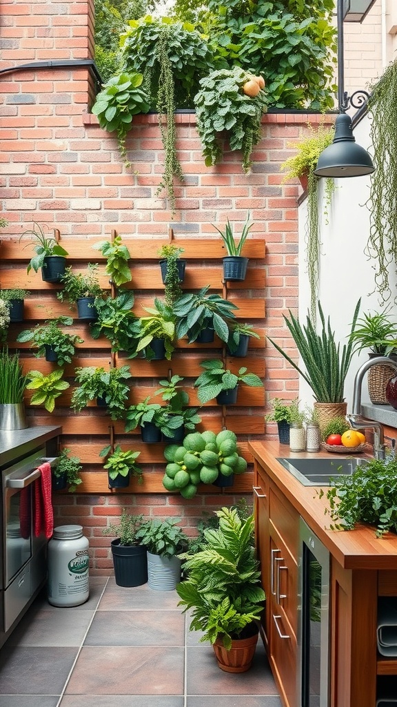 An outdoor kitchen featuring a vertical garden wall with various plants and herbs.