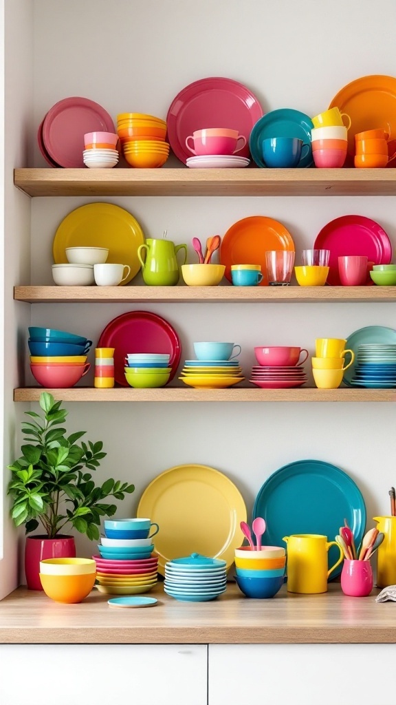 Colorful tableware collection displayed on wooden shelves in a kitchen, featuring plates, cups, and bowls in bright colors.