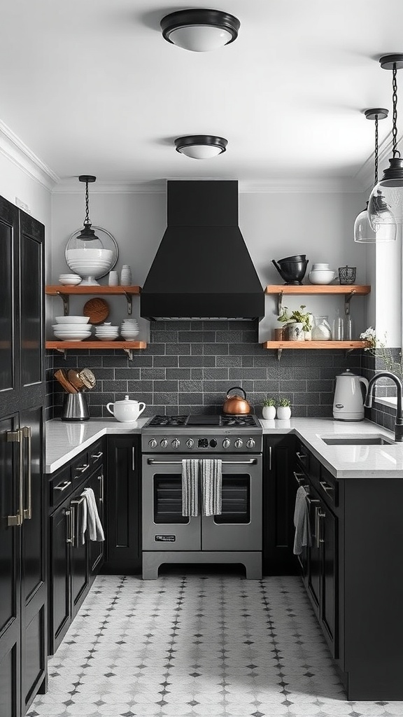 Modern black and white kitchen with vintage-inspired fixtures and open shelving