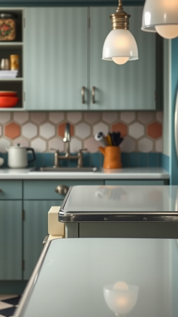 A vintage kitchen featuring blue Formica countertops, orange cabinets, and a checkerboard floor.