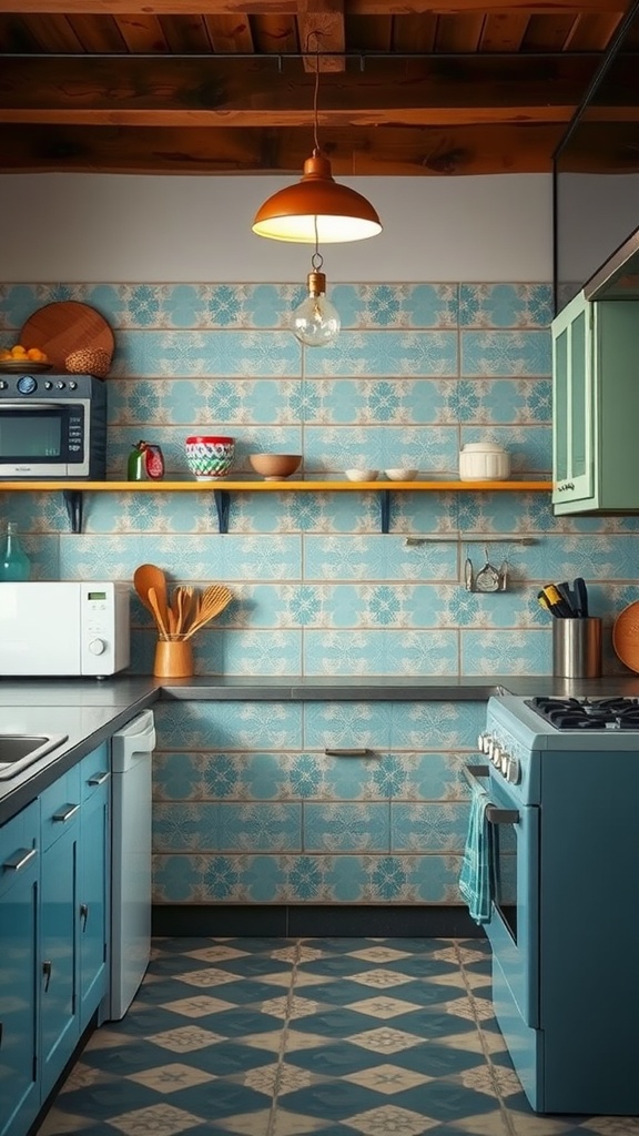 A cozy kitchen featuring vintage patterned blue tiles as a backsplash, light blue cabinets, wooden ceiling, and modern appliances.