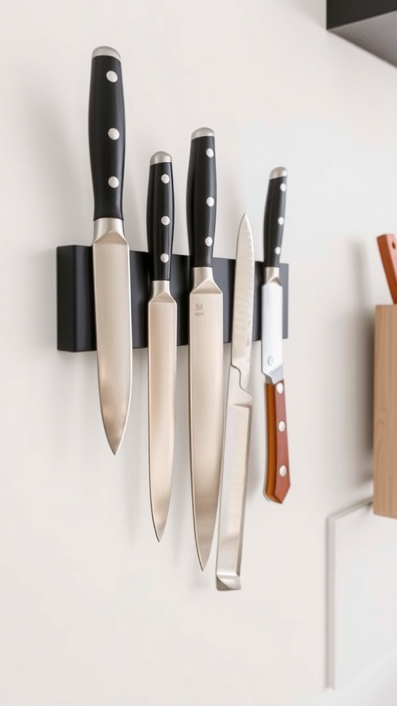 A wall-mounted knife strip displaying various knives in a modern kitchen setting.