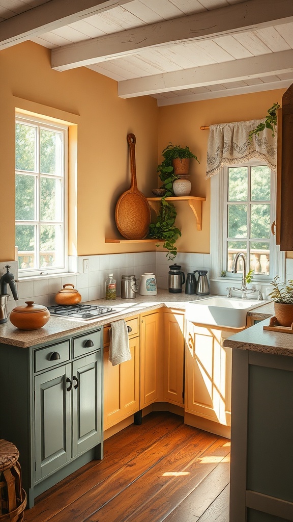 A cozy cottage-style kitchen featuring warm colors, natural light, and plants.