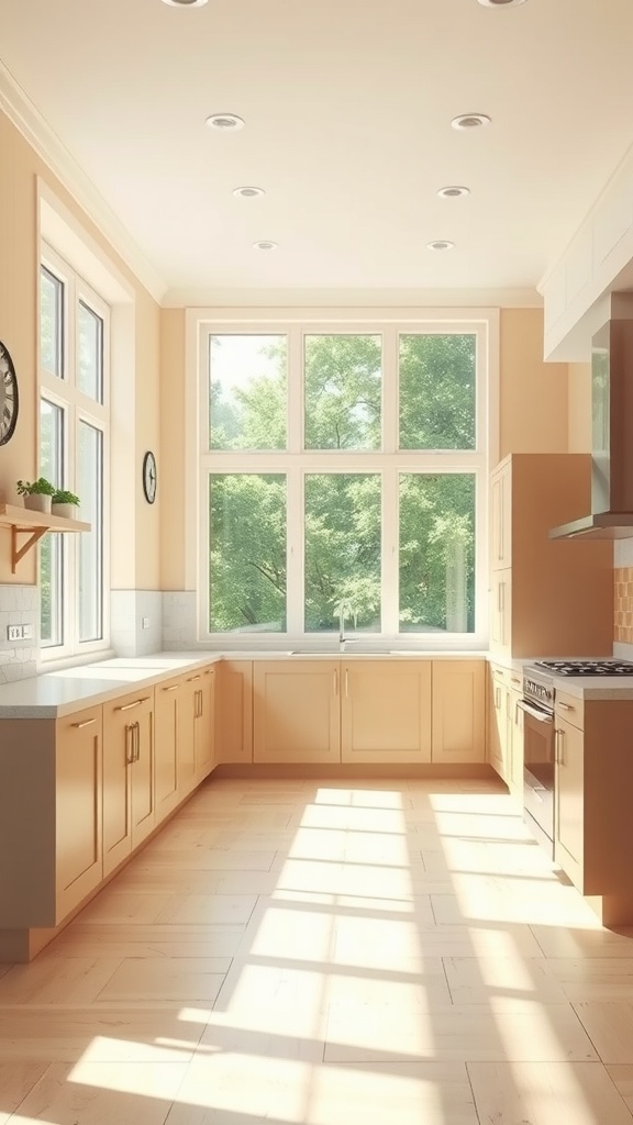 Modern kitchen with warm beige walls and large windows allowing natural light to shine in.