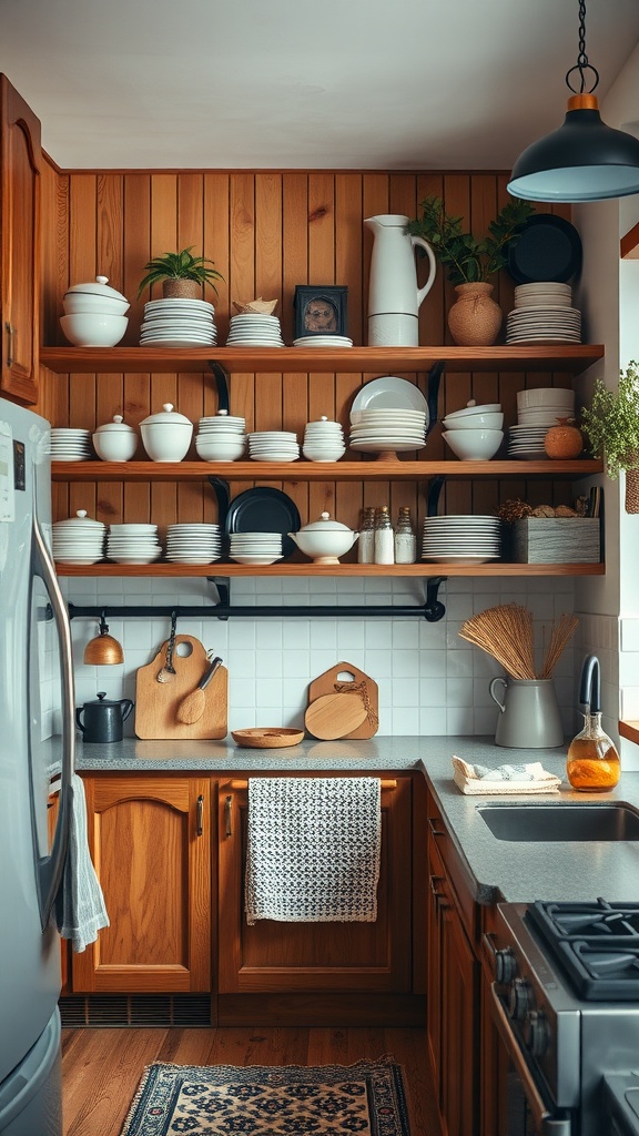 A cozy kitchen featuring warm wood cabinets, open shelving filled with dishes, and decorative items, complemented by a light countertop and plants.