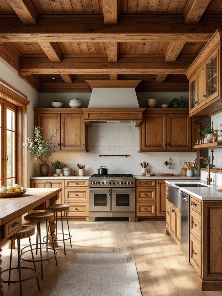 A beautifully designed kitchen featuring warm wood detailing in cabinets and ceiling beams.