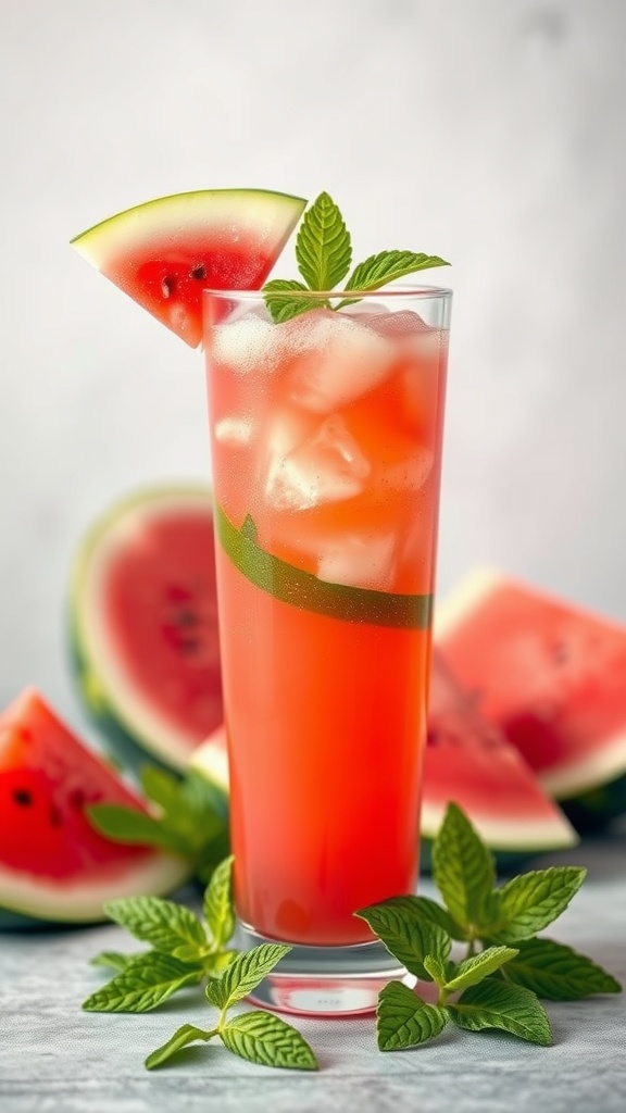 A refreshing watermelon cooler drink garnished with mint leaves.