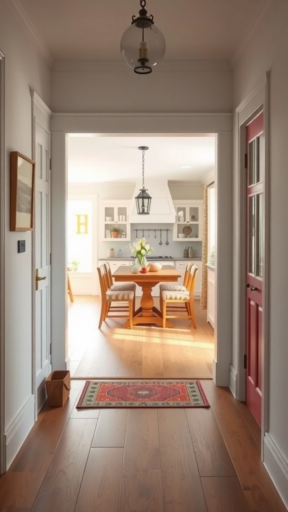 Cozy entryway leading into a cottage style kitchen with wooden floors and a dining area.