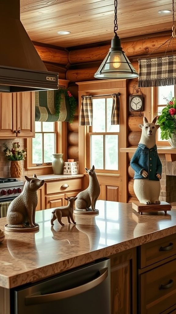 A cozy log cabin kitchen with whimsical decor accents, featuring animal figurines, colorful dishes, and warm wooden tones.