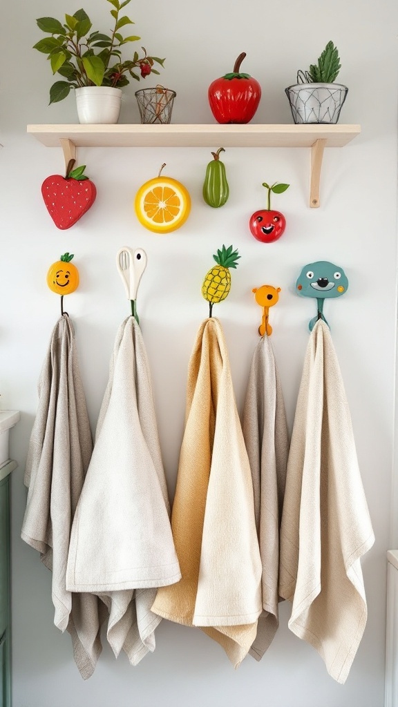 Colorful decorative hooks shaped like fruits and cheerful icons on a kitchen wall, with towels hanging below