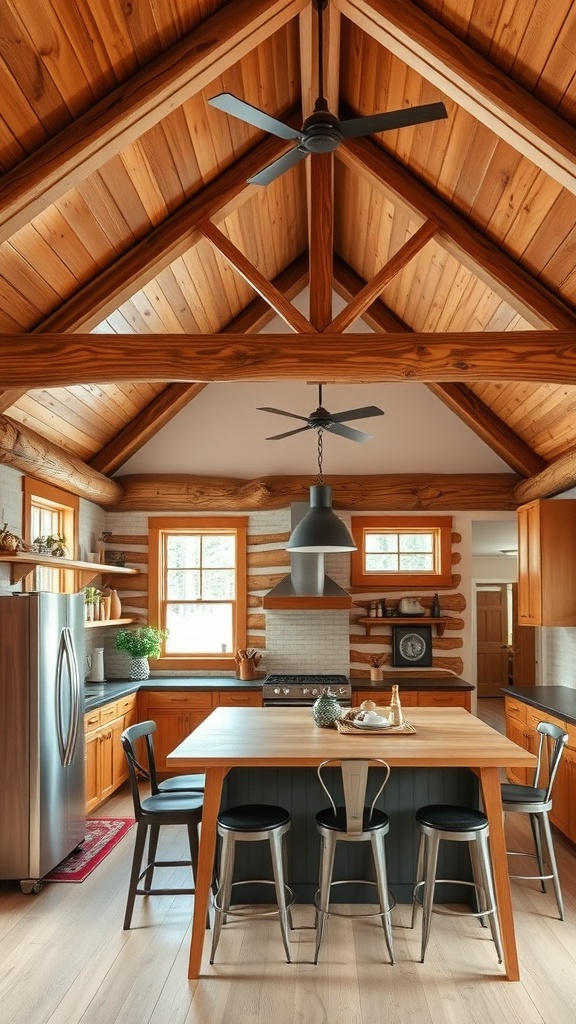 A beautifully designed log cabin kitchen featuring high ceilings with wooden beams and a central island.