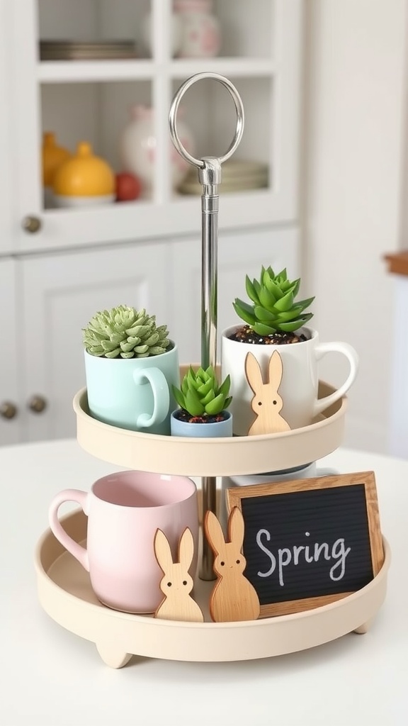 A tiered tray decorated for spring with mugs, succulents, wooden bunny cutouts, and a chalkboard sign.