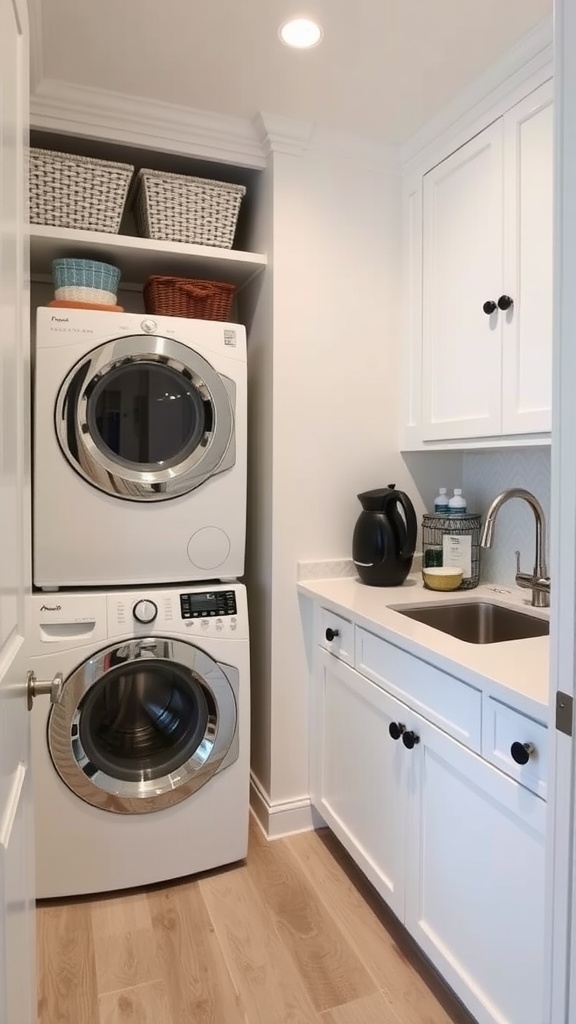 A bright and modern butler's pantry with an integrated laundry room, featuring a stacked washer and dryer, baskets on shelves, and a small sink.