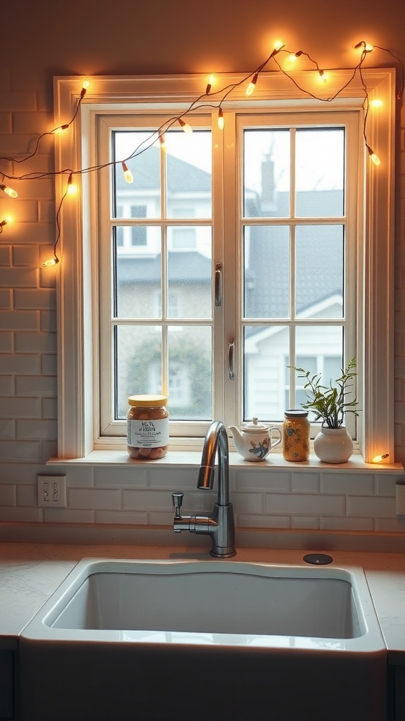 A kitchen window over the sink decorated with cozy string lights, jars, and plants