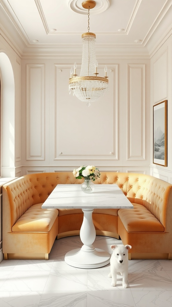 A luxury kitchen nook featuring orange upholstered seating, a white marble table, a chandelier, and a small white dog.