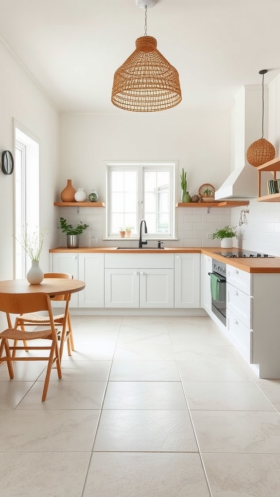 A Scandinavian minimalist kitchen featuring light stone tiles, white cabinetry, wooden accents, and natural light.