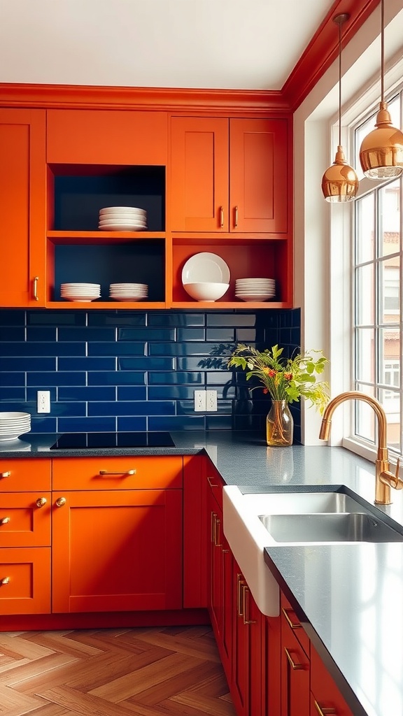 A vibrant kitchen featuring terracotta cabinetry and a blue backsplash with golden accents.