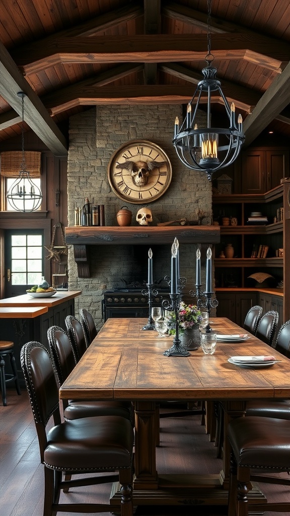 A rustic kitchen featuring gothic accents, including skull decor, a sturdy dining table, leather chairs, and a stone fireplace.