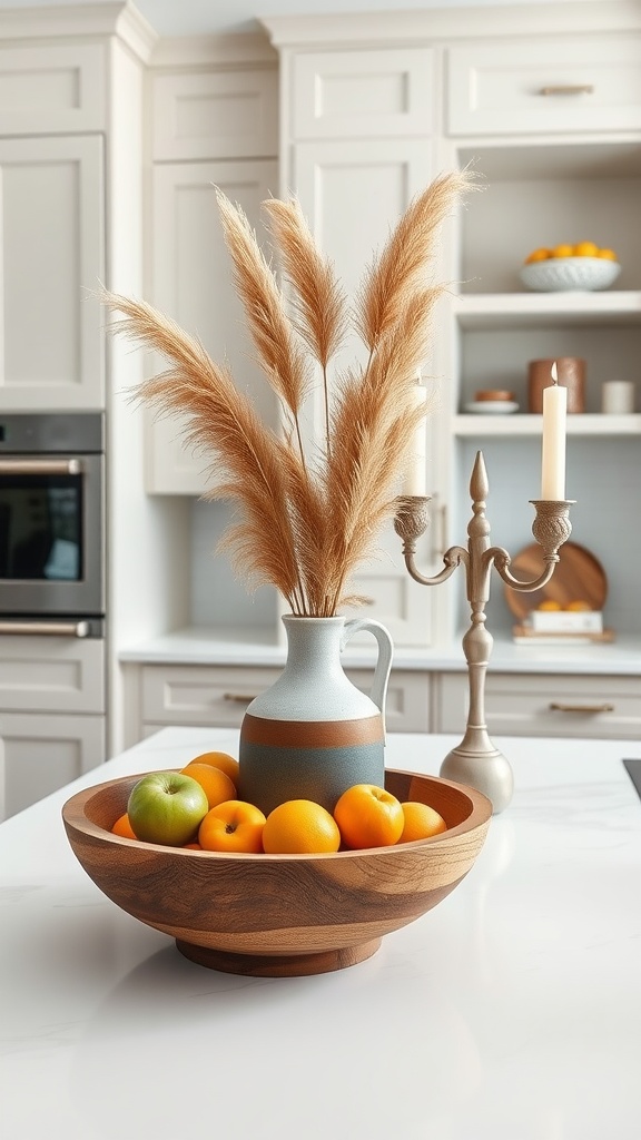 A stylish kitchen island centerpiece featuring a wooden bowl with fruits, a ceramic pitcher, and pampas grass.