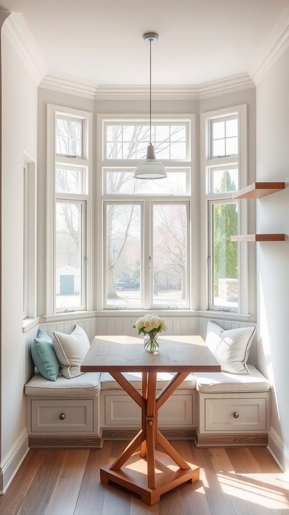 A bright bay window kitchen nook with built-in bench storage and a wooden table.