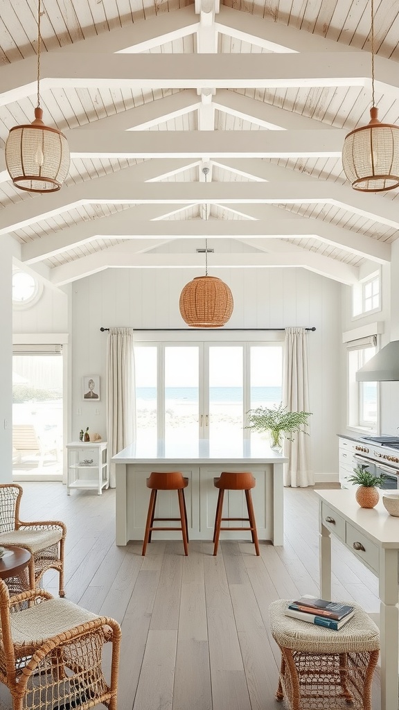 A bright coastal kitchen with wooden ceilings, large windows, and a beach view.