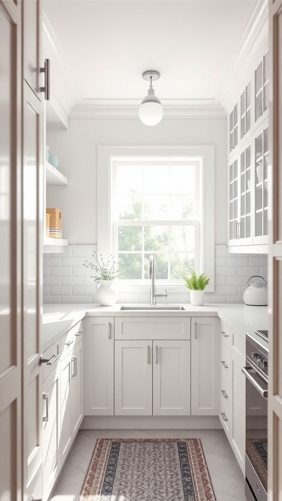 Bright and modern butler's pantry with window, natural light, white cabinetry, and small potted plants.