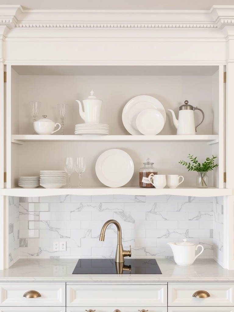 Open kitchen shelves with white dishes and glassware on a light background.